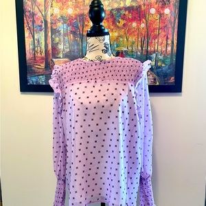 Pink & purple top. Smocked yoke and cuffs, ruffled shoulders, and blouson sleeve